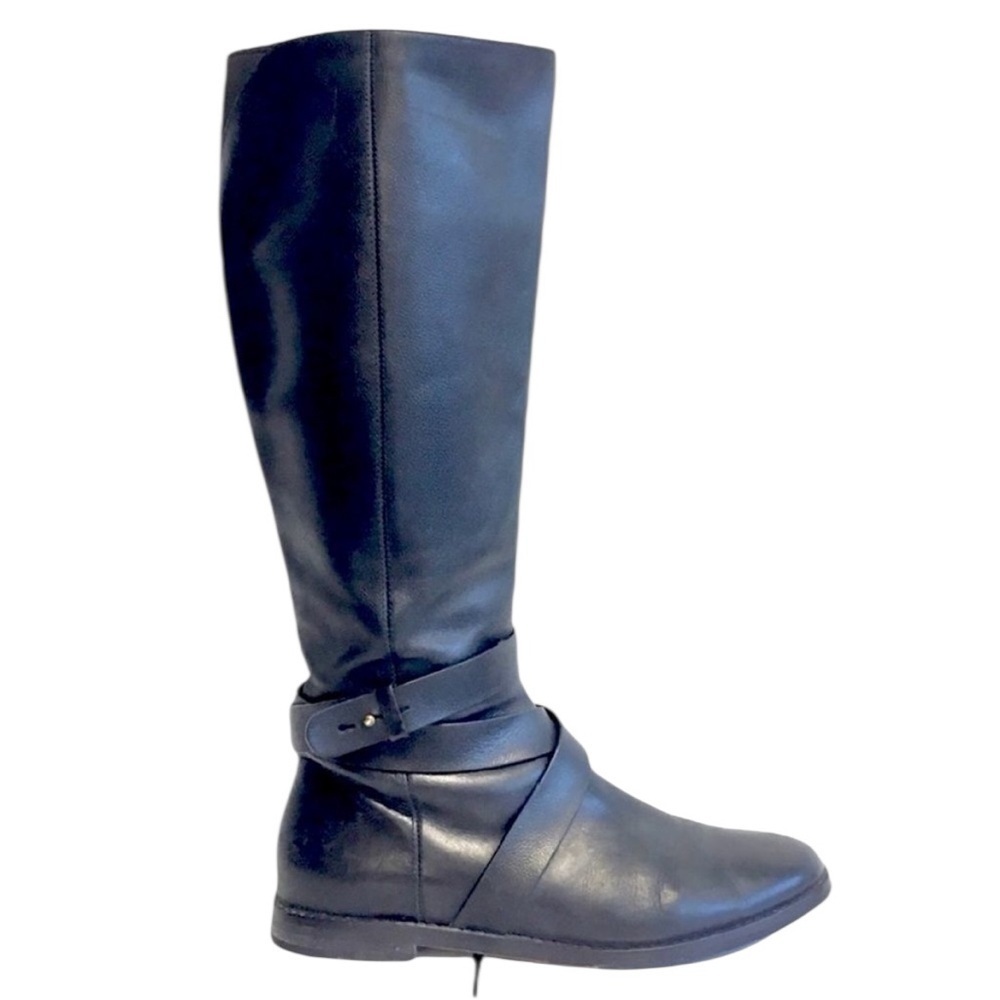 COLE HAAN Black Flat Leather Riding Boots With Ankle Strap 7